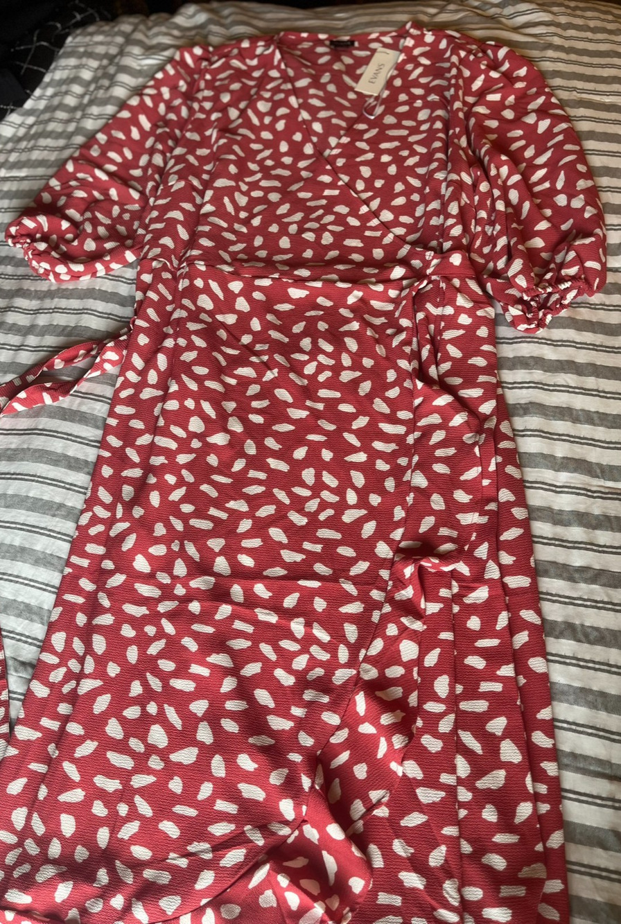 Evans Red Midi Wrap Dress Red Pebble Spots NWT 22/24 plus long sleeve